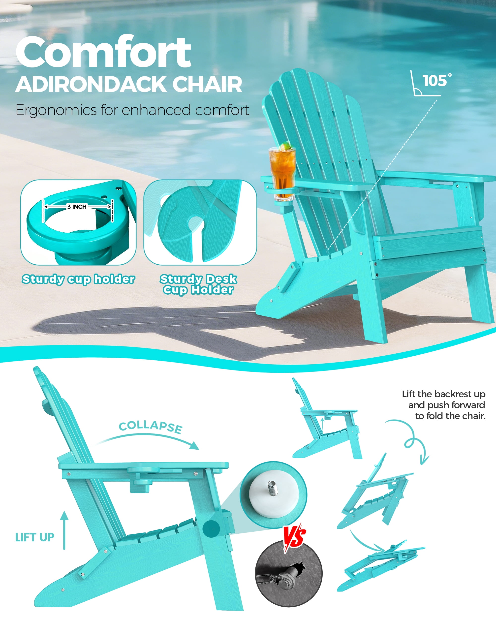 Cobiod Adirondack Chair, Foldable Lawn Chair with Dual Cup Holders, Weather Resistant High Back for Patio, Garden, Beach, Aruba