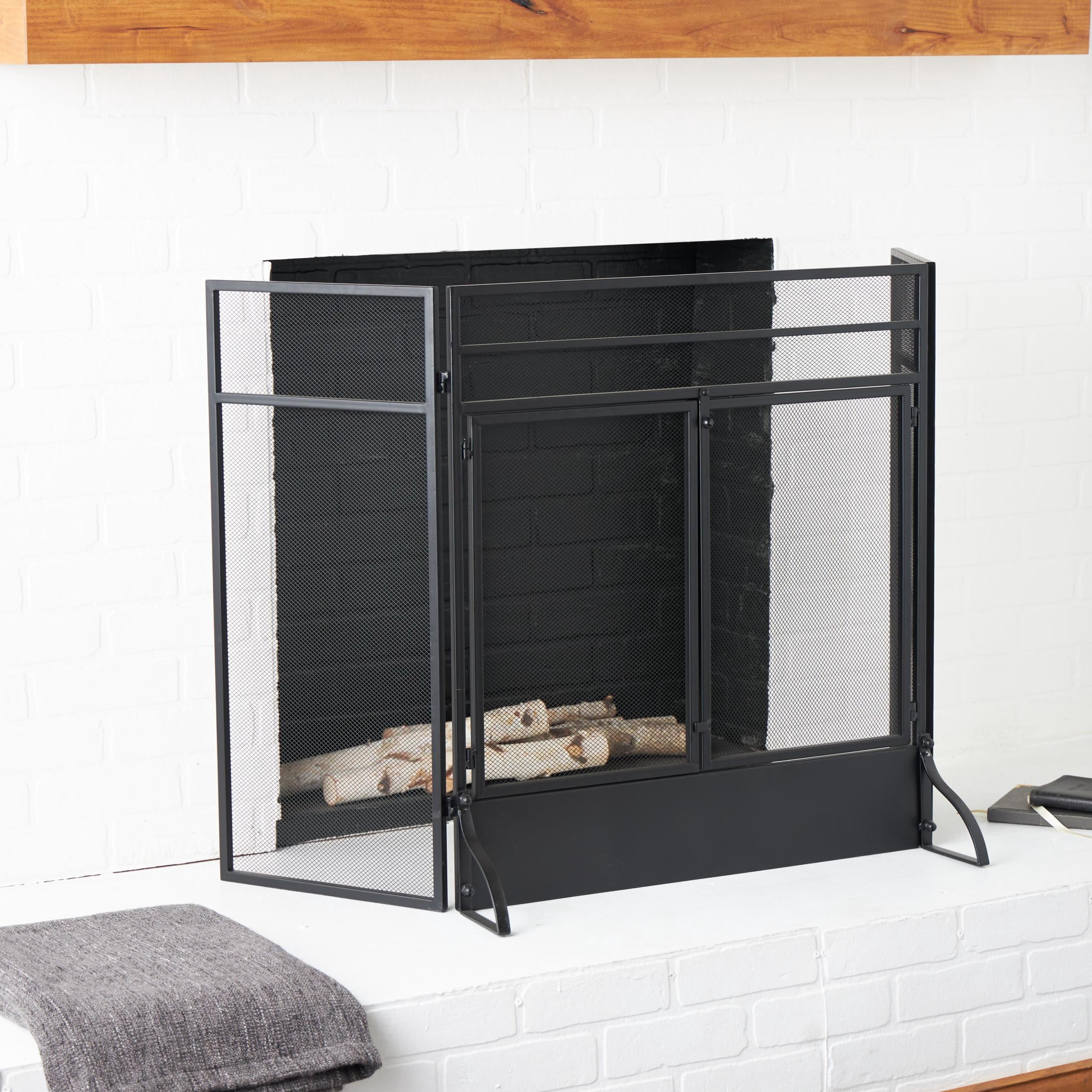 DecMode 27" x 30" Black Metal 3 Panel and 2 Door Geometric Fireplace Screen with Mesh Backing, 1-Piece