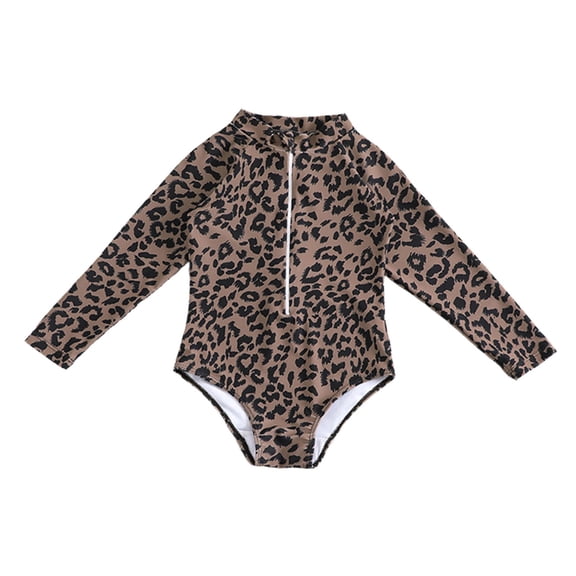 WAYUTE Girls Swimsuit Toddler Kids Leopard Printed One Piece Bathing Suit Long Sleeves Sun Protection Summer Vacation