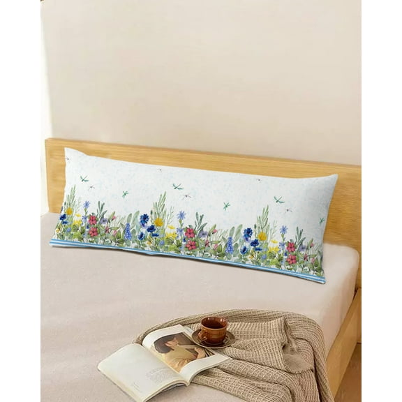 Watercolor Floral Spring Throw Pillow Cover,Dragonfly Wildflower Blue Green Rectangle Decorative Pillow Case Protector Soft Cushion Cover Lumbar Pillowcase for Couch Sofa Bedroom Car Decor 20x54 Inch
