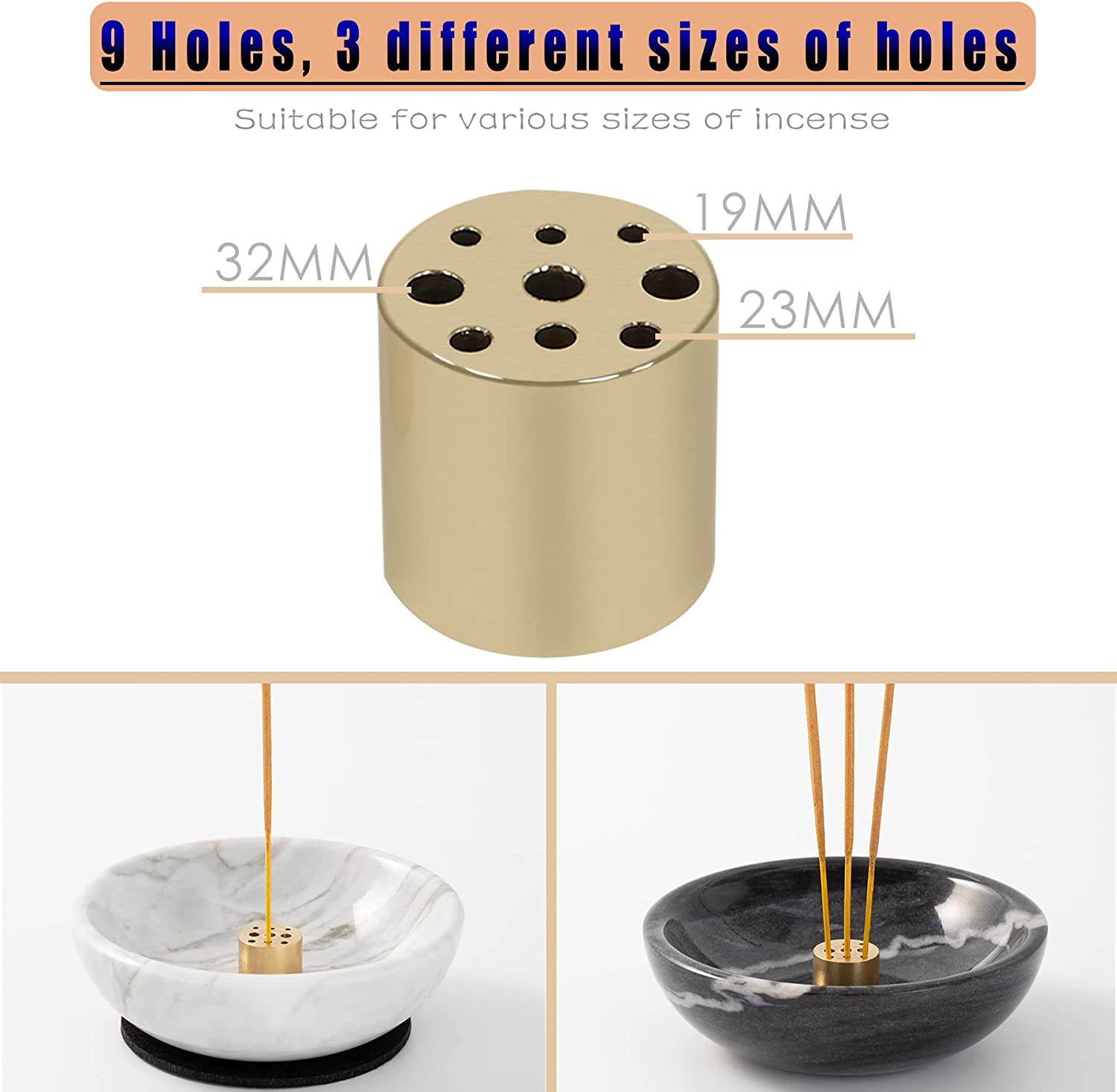 Incense Holder, Natural Marble Incense Holder for Sticks with 9 Holes, Handmade Incense Stick Burner Ideal for Smudging, Incense Burning, Decoration