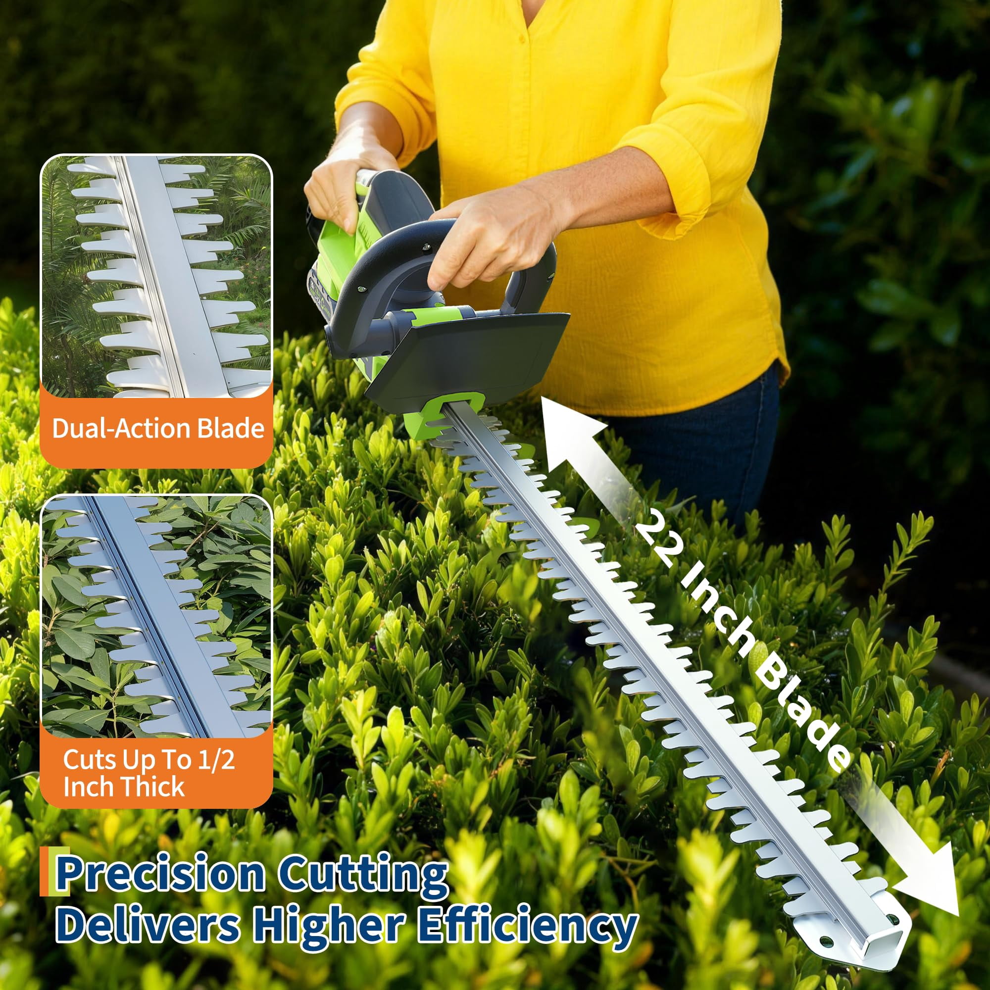 Hedge Trimmer Cordless, 22 Inch Electric Hedge Trimmer, 20V Bush Trimmers with 2 2.0Ah Batteries and Charger, Handheld Electric Trimmers, Lightweight and Easy to Use, for Garden, Horticulture, Lawns