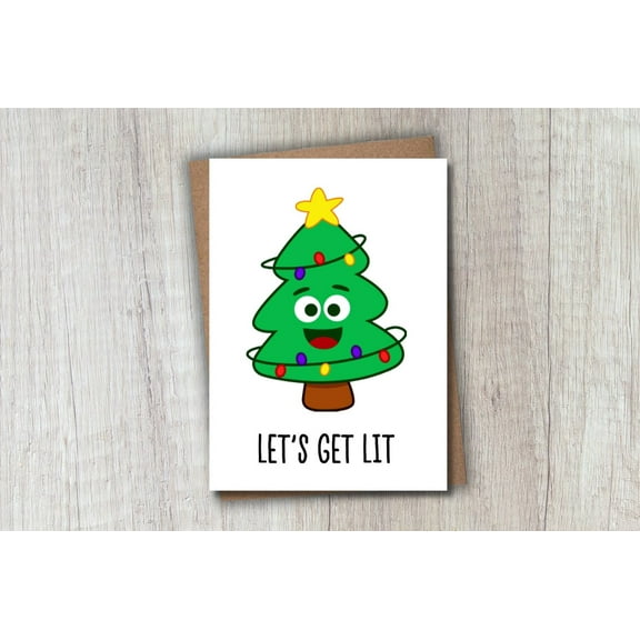 Funny Christmas Card – "Let's Get Lit" Tree Design – Blank Inside, Envelope Included – Perfect Holiday Greeting for Friends and Family
