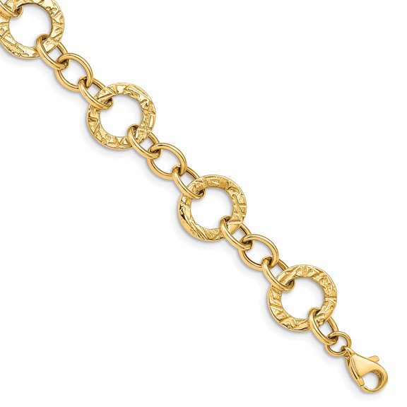 Real 14kt Yellow Gold Polished and Textured Fancy Link Bracelet; 7.25 inch; for Adults and Teens; for Women and Men