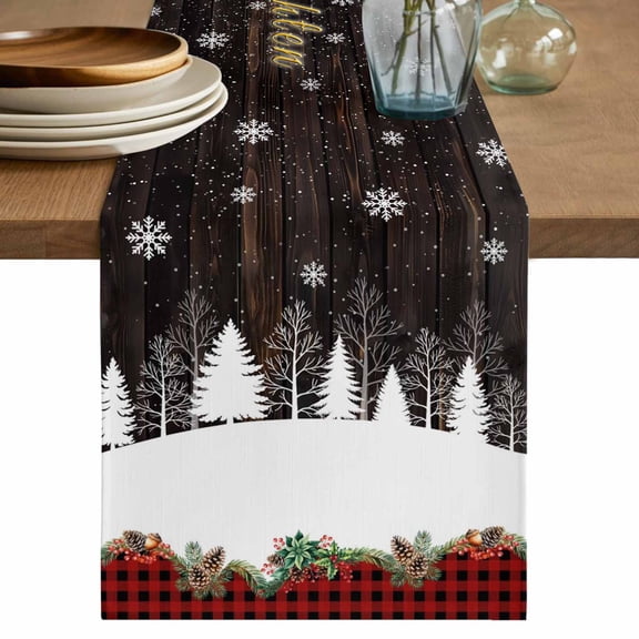 Christmas Tree Table Runner 72 Inches, Black Red Plaid Xmas Tree Snowflake Bed Runner Dresser Scarves Tabletop for Indoor Outdoor Parties/Ceremony/Banquet, 14" x 72"
