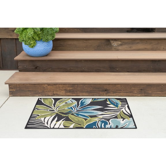 Stunning Transitional 2' x 3' Black and Blue Polypropylene Outdoor Area Rug