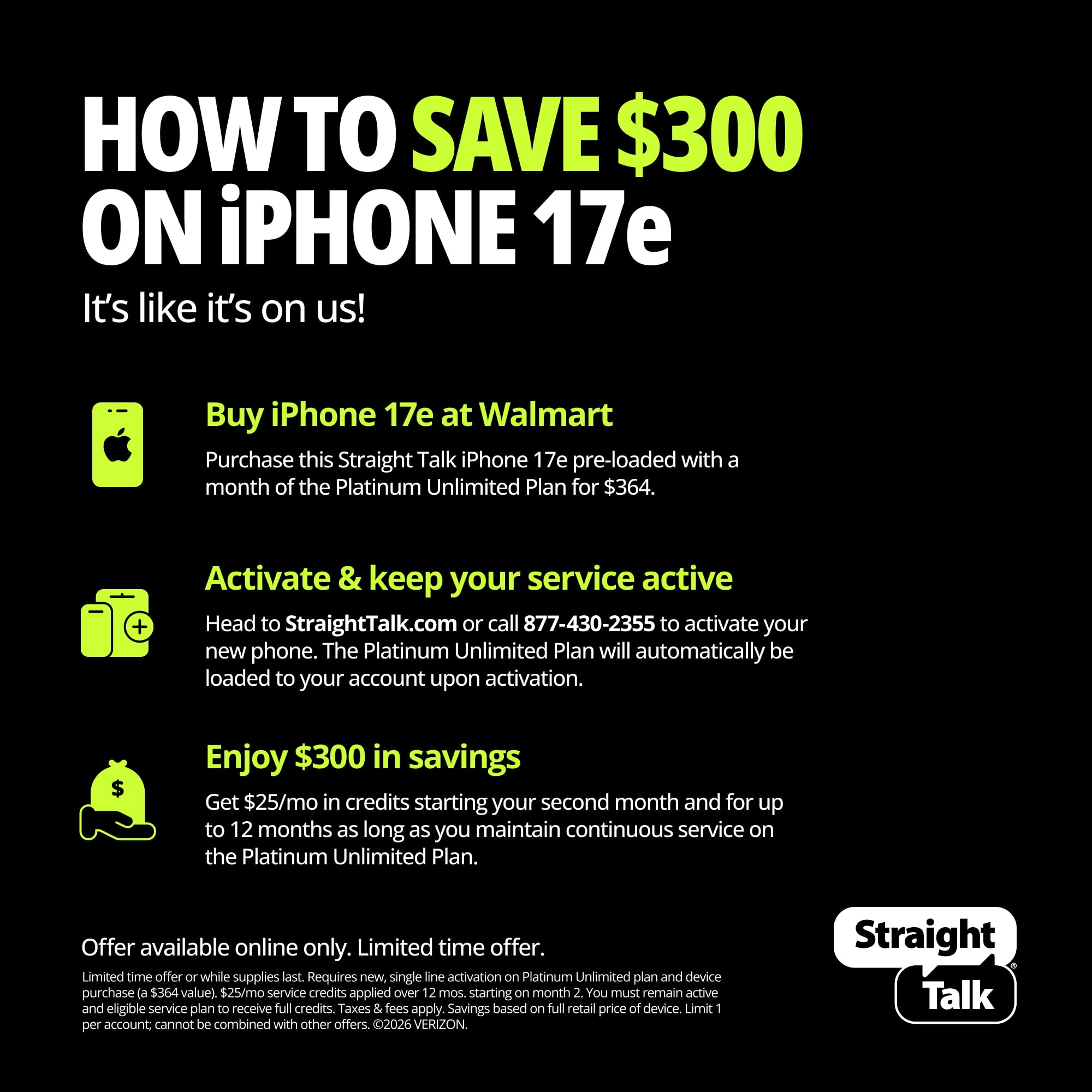 Straight Talk Apple iPhone 17e Bundle with Platinum Unlimited 30-Day Plan, 5G, 256GB, Black - Prepaid Smartphone [Locked to Straight Talk]