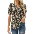 thumbnail image 2 of Black Womens Summer Tops Womens V Neck Tops Puff Short Sleeve T Shirt Pleated Floral Printed Tunic Blouse Shirts Shirts for Women, 2 of 6