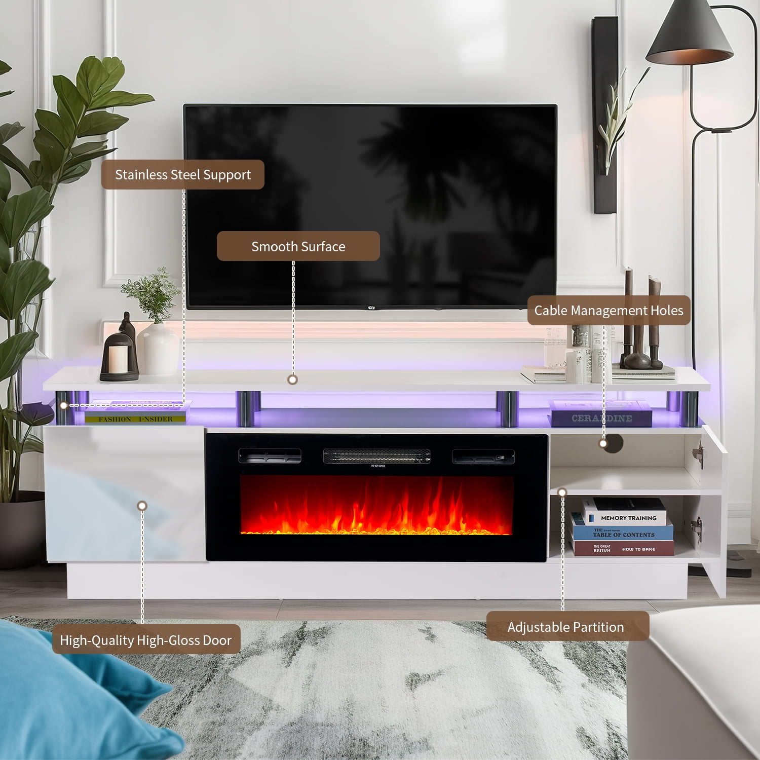 Easoger Fireplace TV Stand, Entertainment Center for TVs up to 80", 70” TV Stand with 36'' Electric Fireplace, LED Lights Entertainment Center, TV Console, White