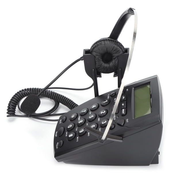 teléfono con cablado del centro de llamadas, teléfono de la oficina en casa despejada con auriculares para la deicina para el hogar negro Anggrek. Base inclinada en vista 3/4 con teclado numérico de botones grandes, pantalla LCD, cable espiral y auricular con micrófono omnidireccional; se conecta por conector telefónico estándar y es habitual en oficinas en casa y centros de llamadas.