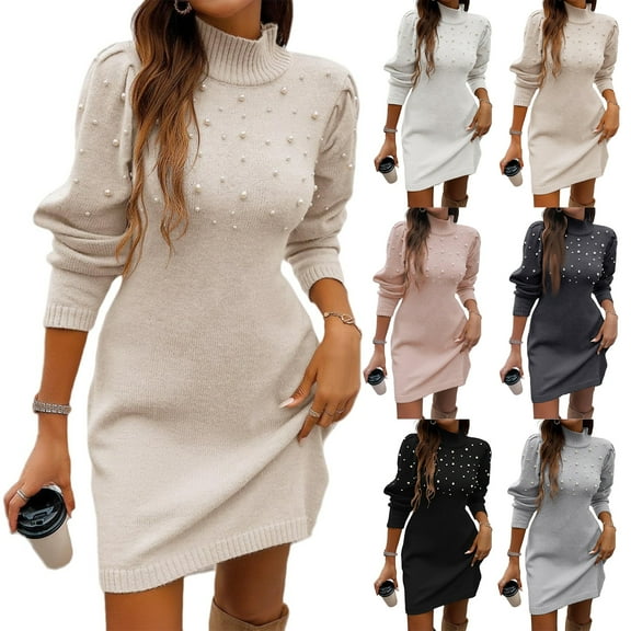 Women's Sweater Dress Knit Dress High Neck Long Sleeve Bodycon Elegant Slim Fit Winter Dress for Office Holiday Party,Black,L