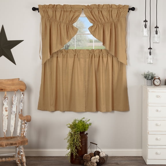 VHC Brands Simple Life Flax Khaki 4 PC Curtain Set (2 Prairie Swag 36x18 and 2 Tier 36x36)