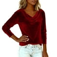 thumbnail image 5 of Hearthz Women's Gold Velvet Tops Sparkly Cowl Neck Long Sleeve Shirts Spring Dressy Casual Blouses Tee For Women Red M, 5 of 7