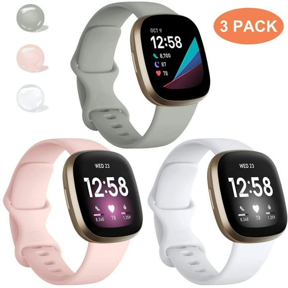 Compatible with Fitbit Versa 3 Bands for Women, 3 Pack Waterproof Soft Silicon Replacement Sport Wristband for Fitbit Versa 3 / Fitbit Sense Smart Watch Women Men Small Gray/Sand Pink/White