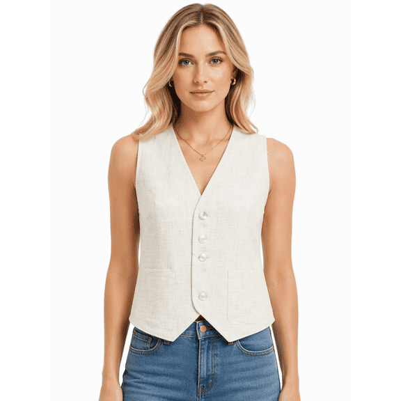 Tbfashion Women's V Neck Button Front Vest Top with Pointed Hem for Casual Wear