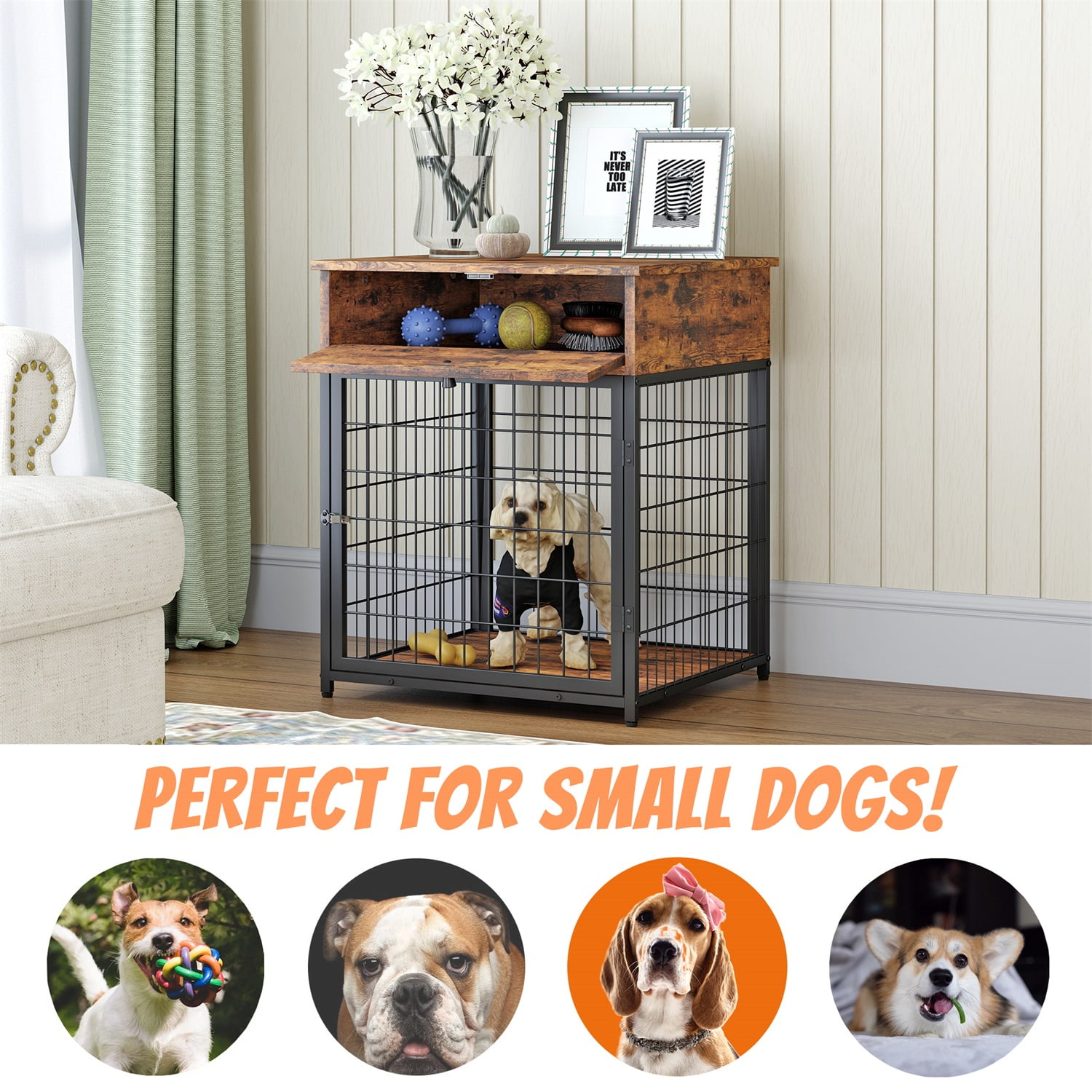 Pefilos 31.5" Wood Dog Crates for Indoor Dogs, Dog Cages with Ttray, 3 Adjustable Height Feeding Bowls, Dog Kennel House, Brown Pefilos 31.5" Wood Dog Crates for Indoor Dogs, Dog Cages with Ttray, 3 Adjustable Height Feeding Bowls, Dog Kennel House, Brown