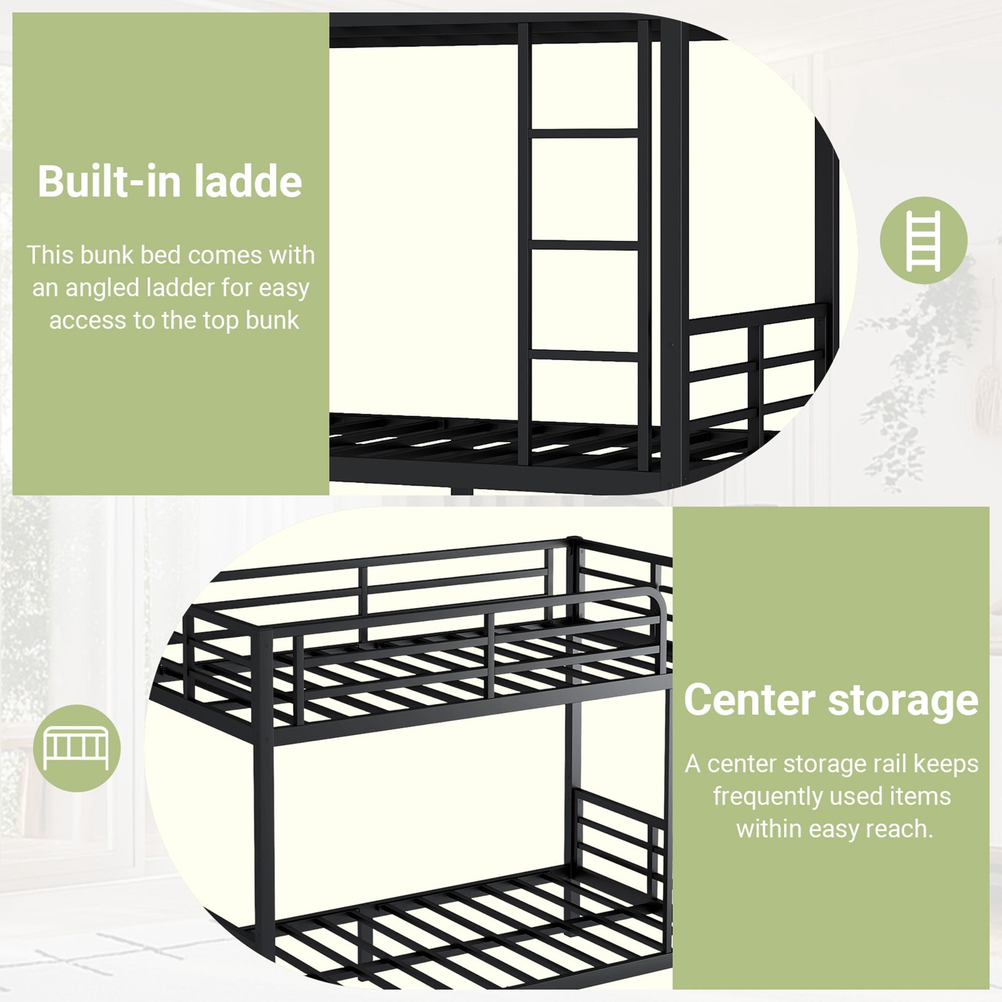 Miniyam Twin over Twin Metal Bunk Bed Frame, Noise Free, Space Saving, Black