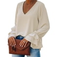 thumbnail image 1 of Camisa holgada con volantes escalonados para el trabajo, citas y fiestas - Blusa elegante con escote en V color albaricoque XL, 1 of 5
