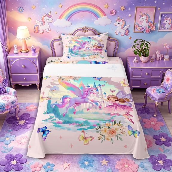 Metsweet Magical Horse Elf Twin Sheets 3pcs, Princess Castle Butterfly Flowers Bedding,1 Fitted Sheet, 1 Flat Sheet and 1 Pillowcase