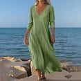 thumbnail image 6 of Loose Cotton Linen Dress Women's Summer Dress Fashion Solid Elegant Atmospheric Straight Dress V-neck Short-Sleeved Long Dresses Women's Clothing Date Night Going Out Dresses Army Green L, 6 of 6
