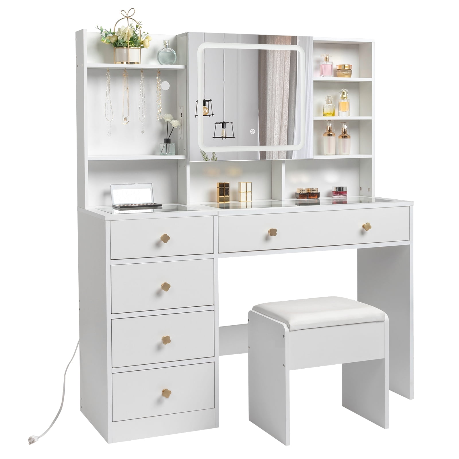 Ktaxon Large 47.2" Makeup Vanity with 3 Color Lights, Vanity Desk with USB Charging Station, Vanity Makeup Table with Visible Drawers, Hidden and Open Storage Shelves, White