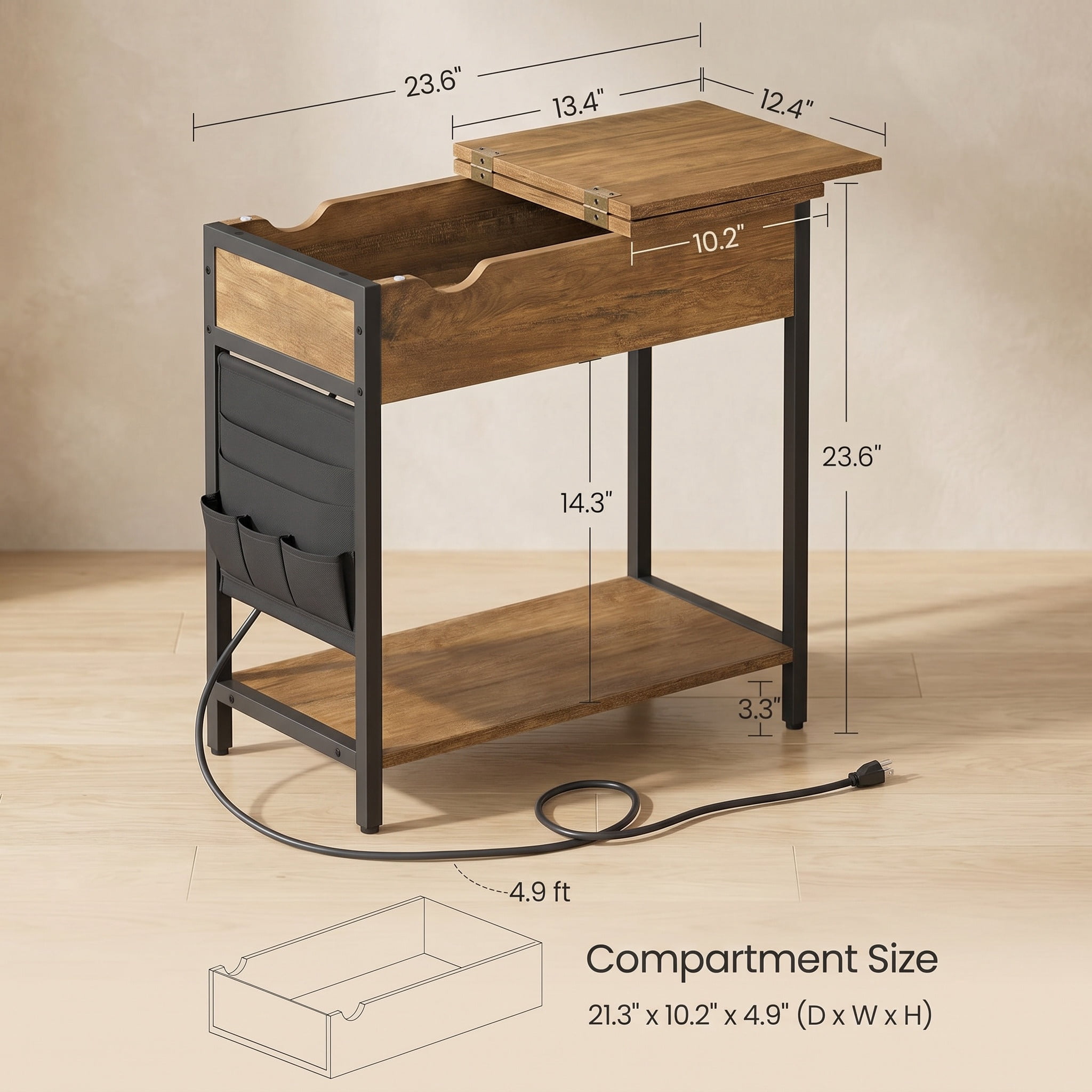 Rustic Walnut and Black Industrial Side Table with Built-In Charging Station, USB Ports, and Side Fabric Storage Pockets