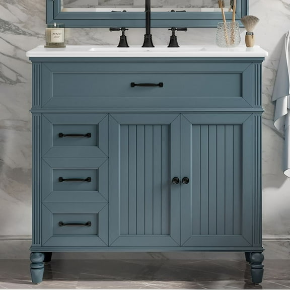 WGYPRIME 36 Inch Bathroom Vanity with Sink, Freestanding Bathroom Cabinet with 4 Drawers and Doors, Solid Wood Frame and MDF Construction, Retro Black Handles, Blue