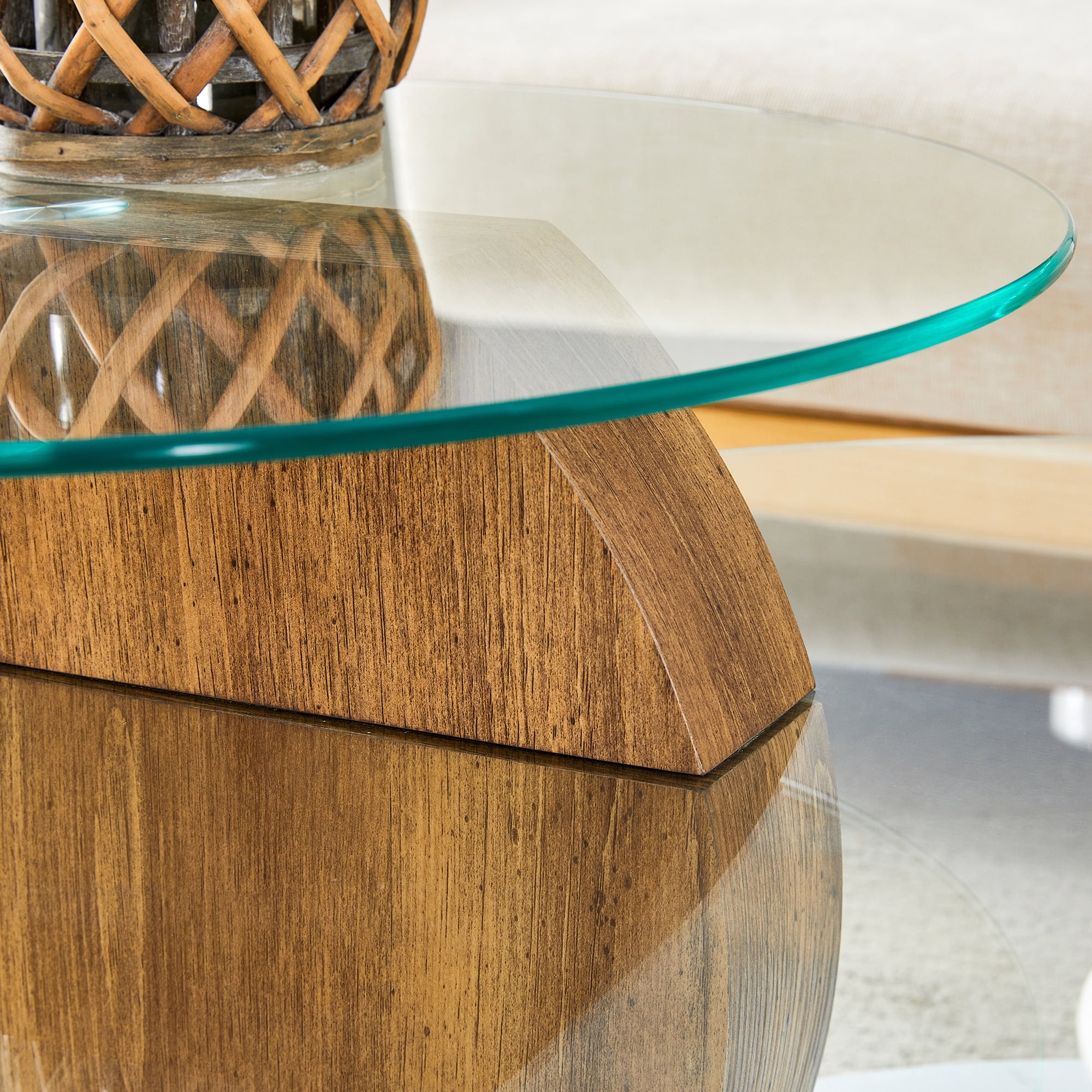 JUFU 35.4" Glass Coffee Table, Modern Round Coffee Table with MDF Base, 2-Tier Tempered Glass Top, Easy to Assemble, Ideal for Living Room, Small Space, Home Office