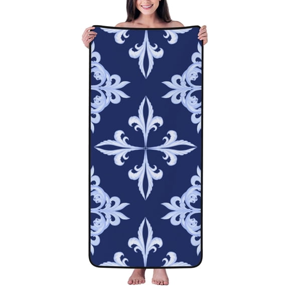 Cotton Bath Towels for Bathroom - Sicilian style navyblue print Microfiber Quick Dry Towels for Body Bath Sheets, Personalized Beach Towel, Soft Shower Towels for Travel Home Beach 27*55in