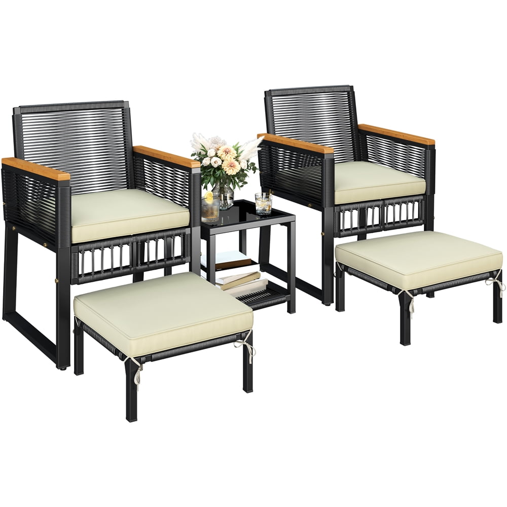 Yaheetech 5-Piece Outdoor Conversation Furniture Set with Glass Table and Ottomans, Black/Beige