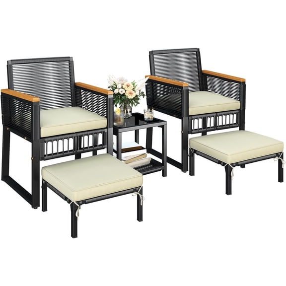 Topeakmart 5-Piece Outdoor Conversation Furniture Set with Glass Table and Ottomans, Black/Beige