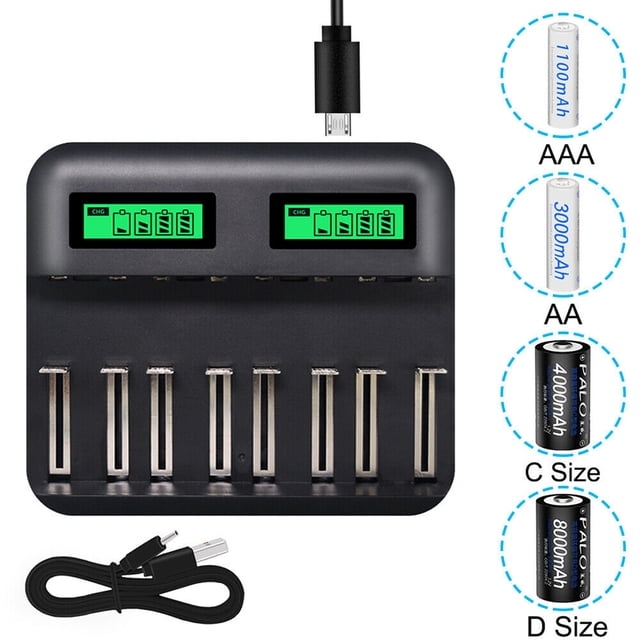 Cargador de batería de 8 ranuras Cargador de batería recargable AA / AAA / C / D alimentado por USB con pantalla LCD Methold EL5158-00B