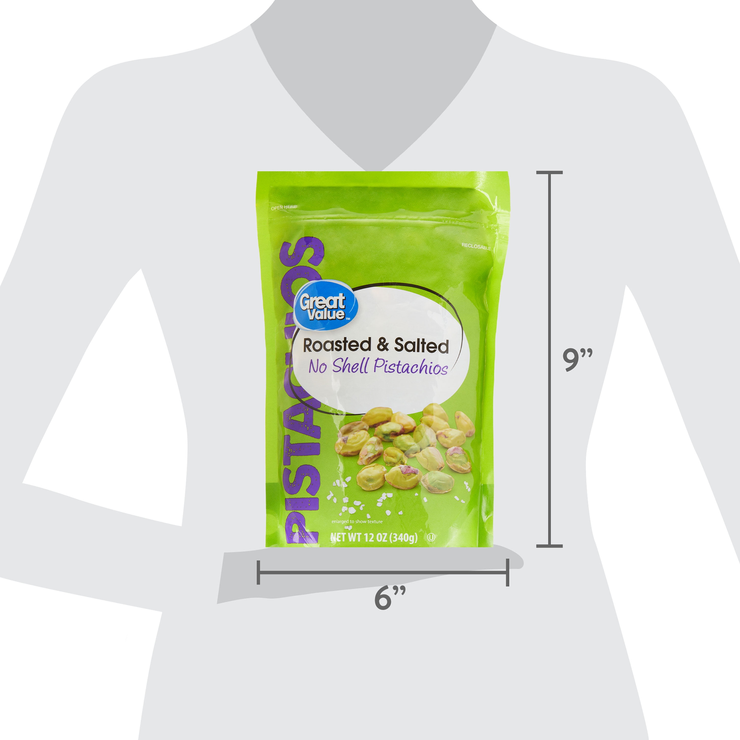 (4 pack) Great Value Roasted & Salted, No Shell Pistachios, 12 oz Resealable Bag
