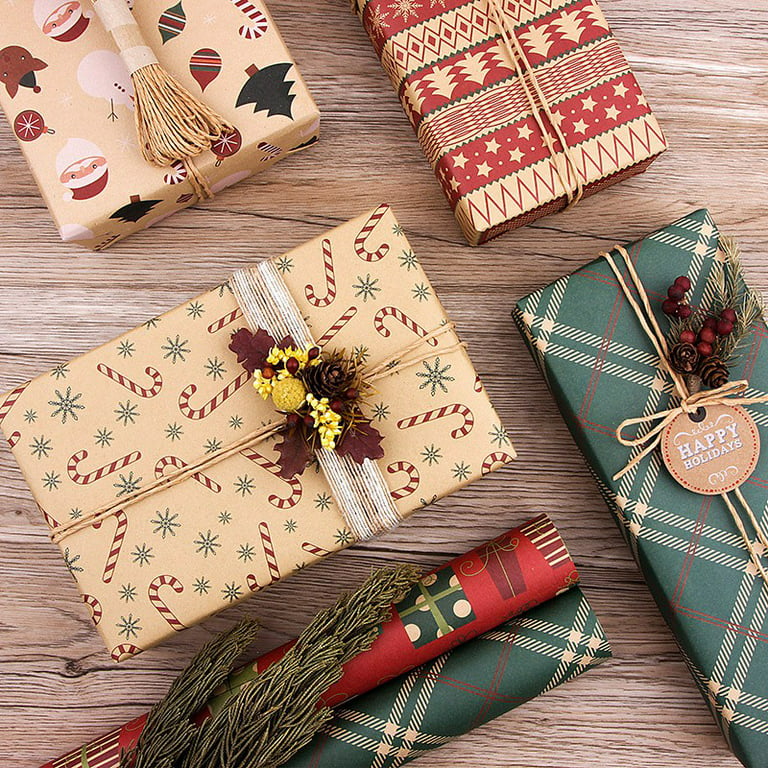 Christmas Gift Wrapping Paper 6 Pcs,kraft Paper 70x50cm With 6 Unique  Designs,with Jute String And