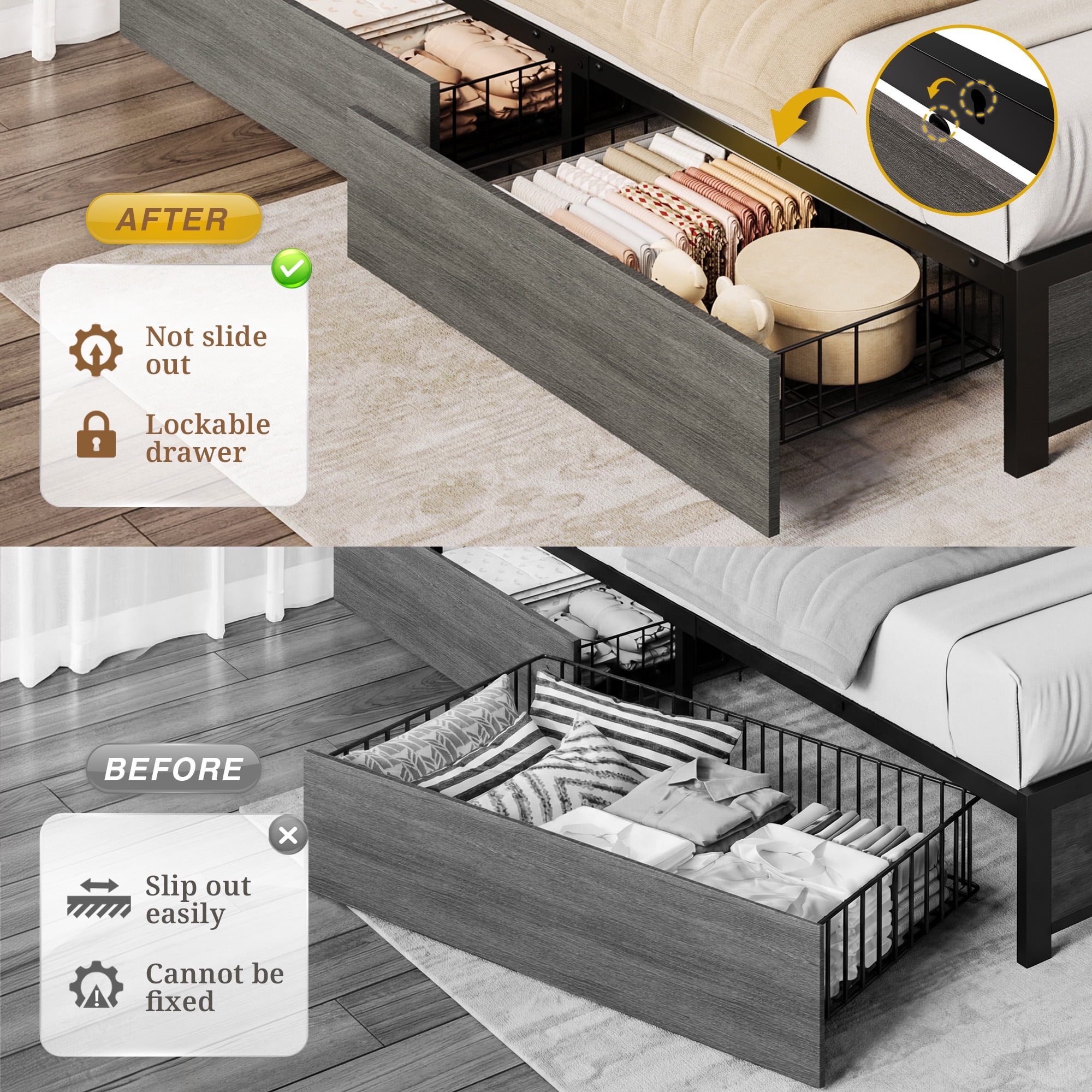 Bolvdo Twin Bed Frame with Two-Tier Storage Headboard, USB Port and LED Light, Four Storage Drawers, Grey