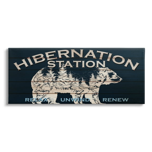 Stupell Industries Hibernation Station Sign Wilderness Bear Trees Silhouette Canvas Wall Art, 40 x 17, Design by Kim Allen