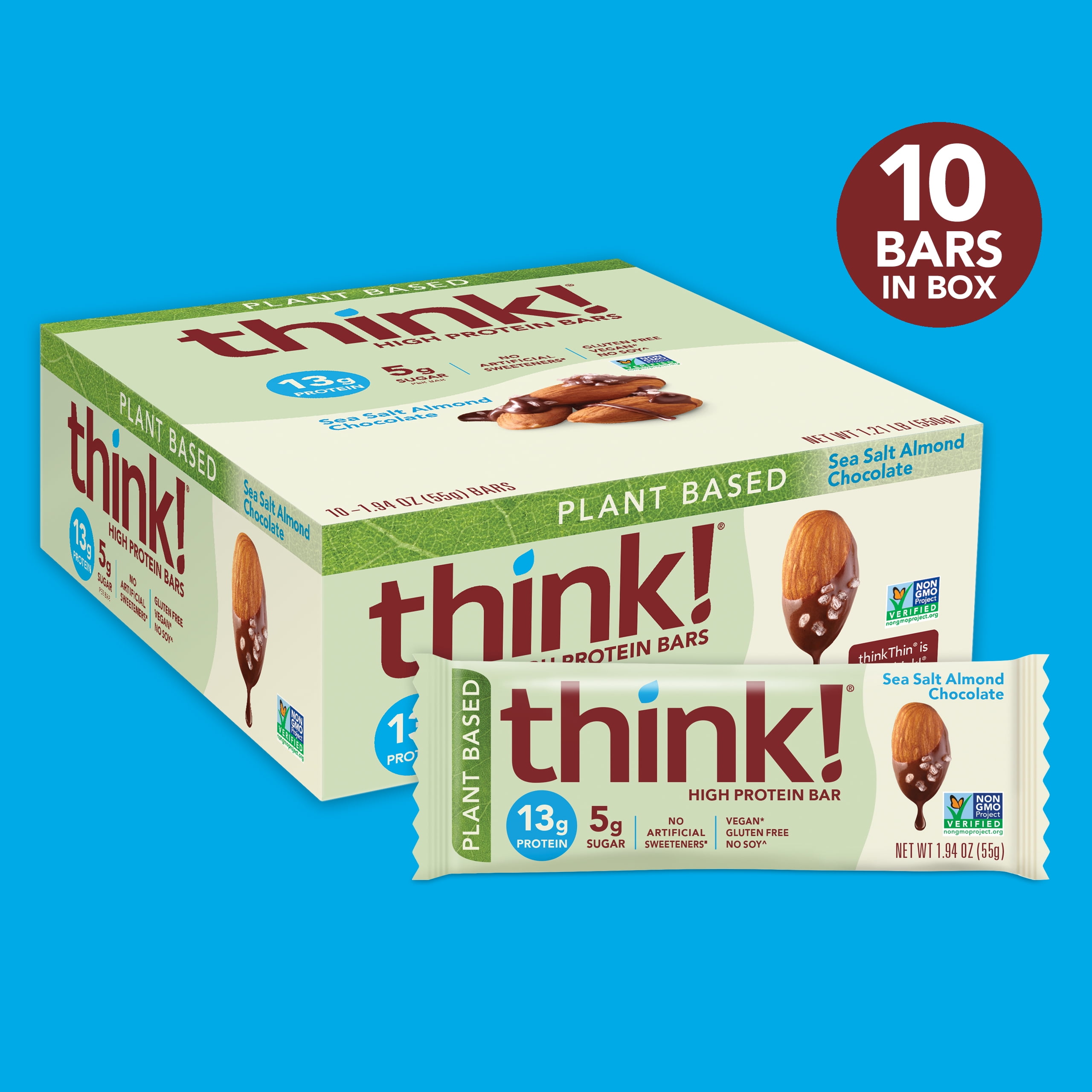 think! High Protein Plant-Based Bars, Sea Salt Almond Chocolate, 1.94 oz Bar, 10 Count