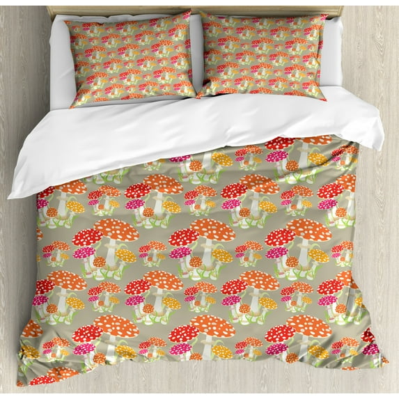 Gnome Duvet Cover Set Queen Size, Forest Mushrooms Jungle Wild Plants Season Dreamland Cartoon Style, Decorative 3 Piece Bedding Set with 2 Pillow Shams, Tan Scarlet Marigold, by Ambesonne
