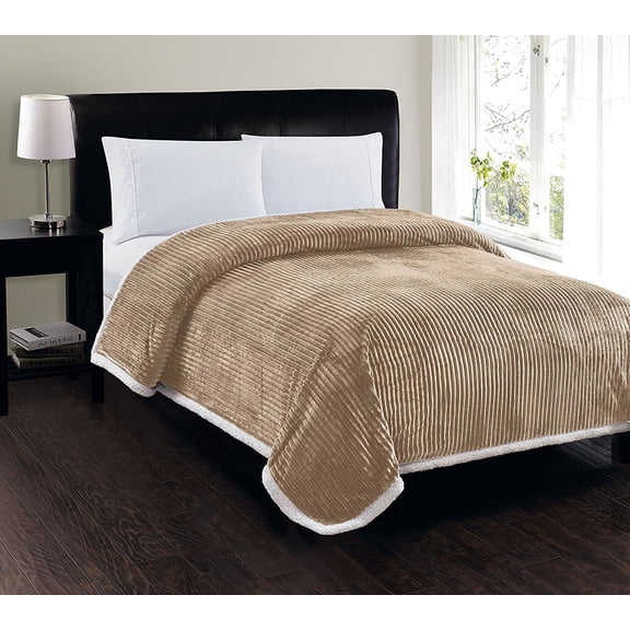 Soft Plush Reversible Corduroy / Sherpa Lined Oversized Bed Blanket for Bedroom or Lounging on Couch, Queen, Taupe