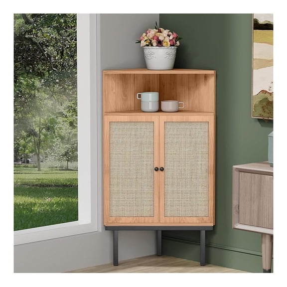 39.7" Corner Storage Cabinet with Adjustable Shelf and Rattan Doors, Small Boho Corner Shelf Stand with Open Storage, Freestanding Cabinet for Bathroom, Living Room/Metal Legs/Light Brown