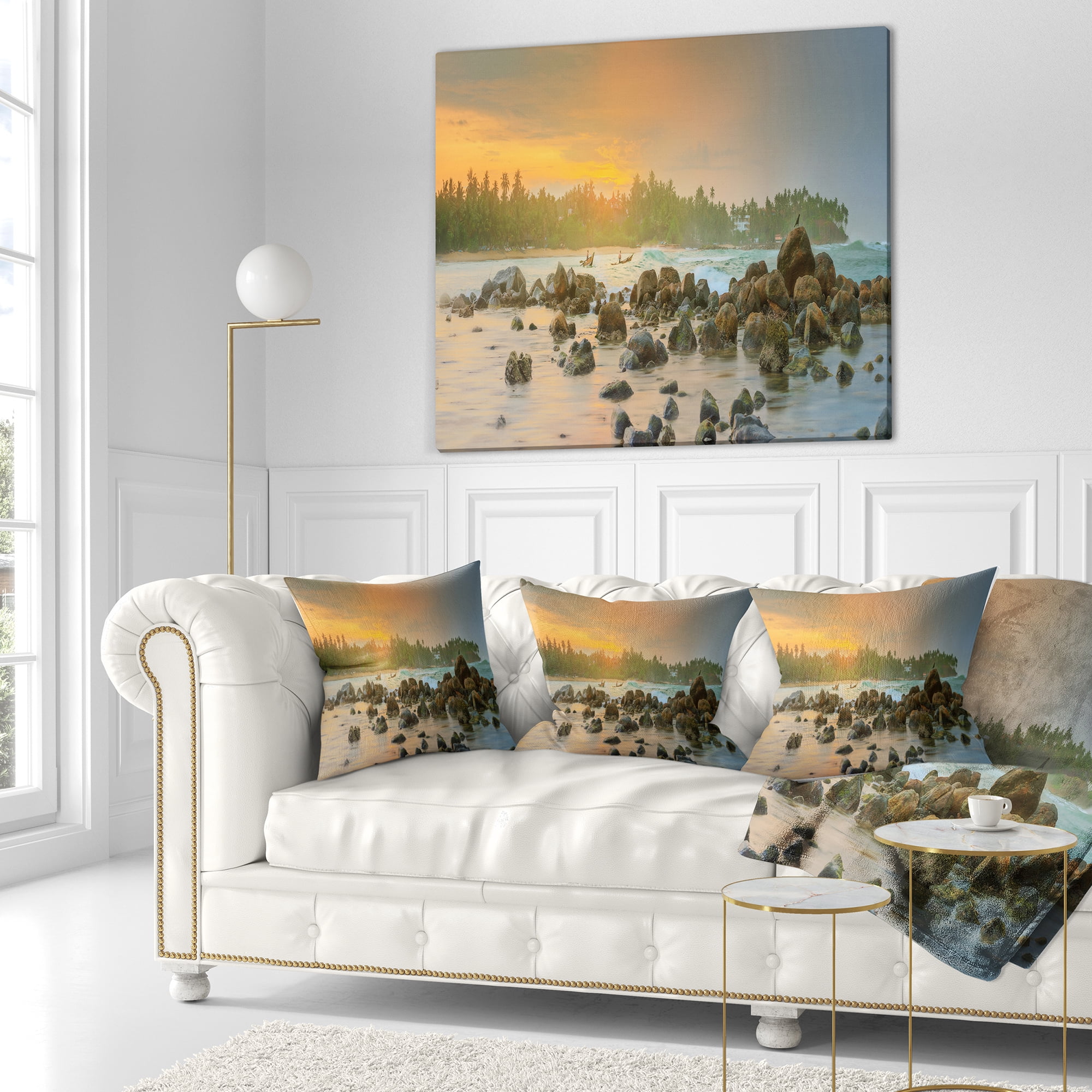 Designart Rocky Romantic Beach of Sri Lanka - Landscape Printed Throw Pillow - 16x16