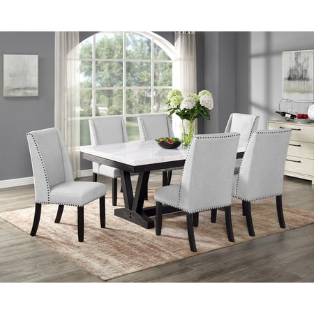 Dining Set White Genuine Marble Rectangular Table with Trestle Base 4 Dove Gray Upholstered Nailhead Tufted Chairs and Bench Black Solid Wood Finish 42 x 72 for Dining Room