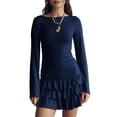 thumbnail image 3 of Women'S Long Sleeve Mini Dress Boat Neck Ruffle Bodycon Mini Flowy Cocktail Party Dresses Blue S, 3 of 7