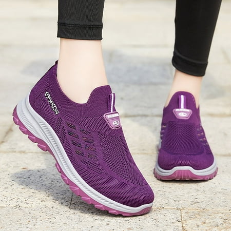 

Christmas Fashion Autumn Women Sports Shoes Flat Non Slip Slip On Fly Woven Mesh Breathable Solid Color Simple