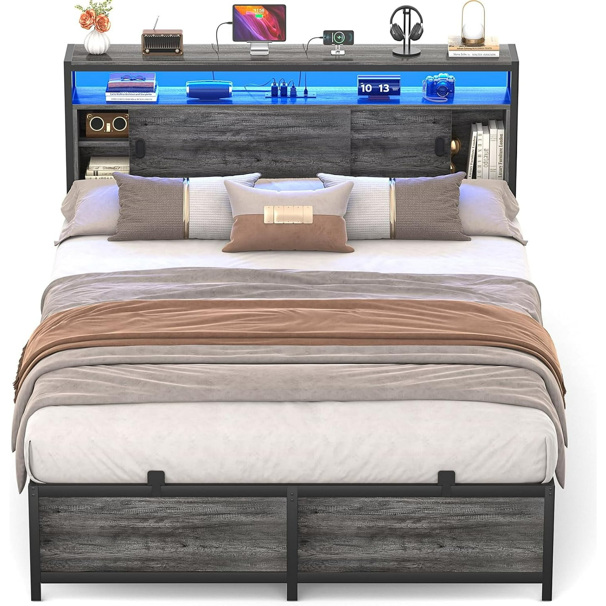 Homieasy Full Size Bed Frame with Sliding Doors Headboard, Platform Bed Frame with Power Outlet & LED Light, Ample Storage, Modern Bed Frame for Bedroom, Dorm Room, 85"L x 55"W x 43.3"H, Black Oak