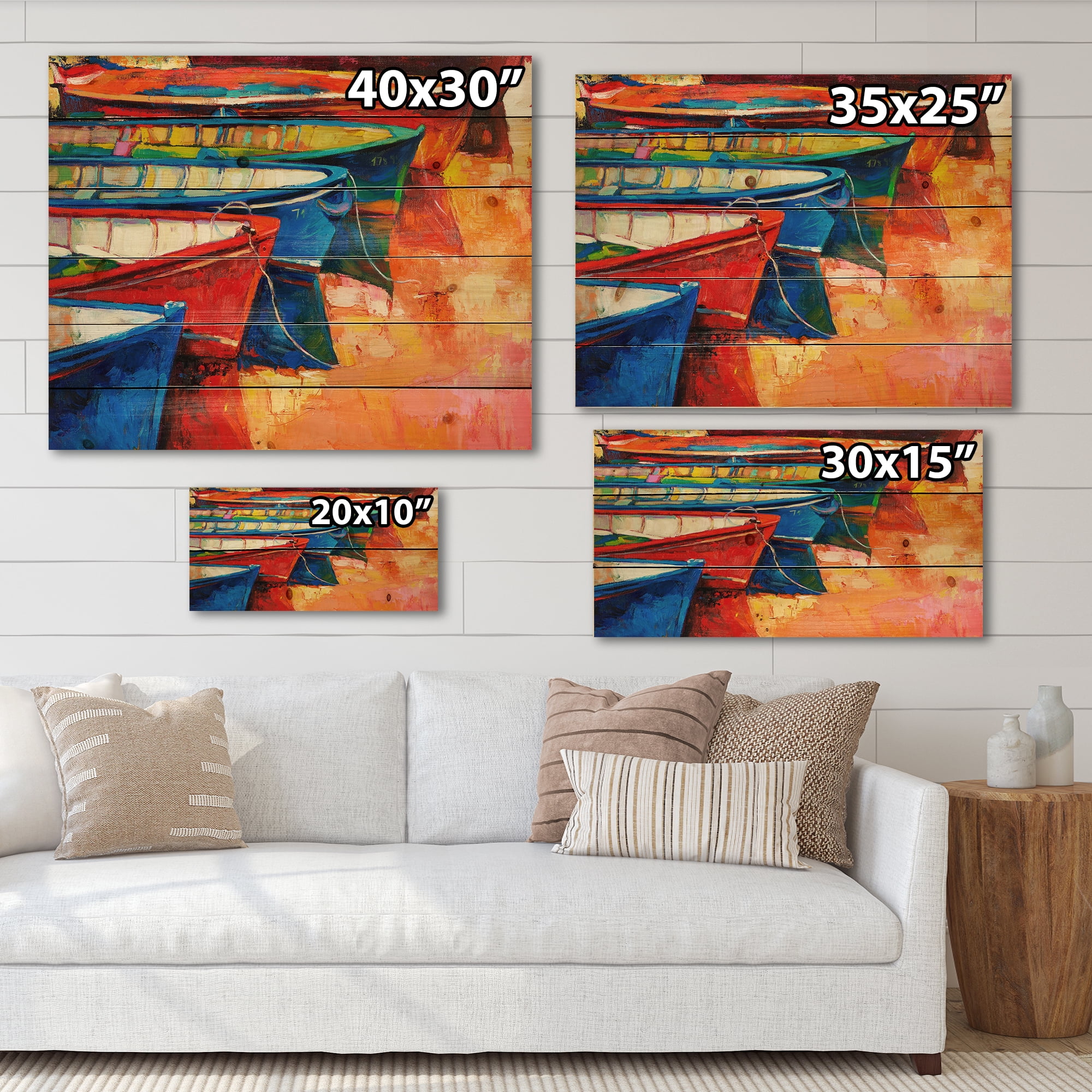 Designart 'Boats During Warm Colourd Sunset In The Harbor II' Nautical & Coastal Print on Natural Pine Wood