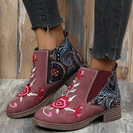 

Women s Fashion Casual Roman Short Ankle Boots Heels Embroidery Printing Shoes
