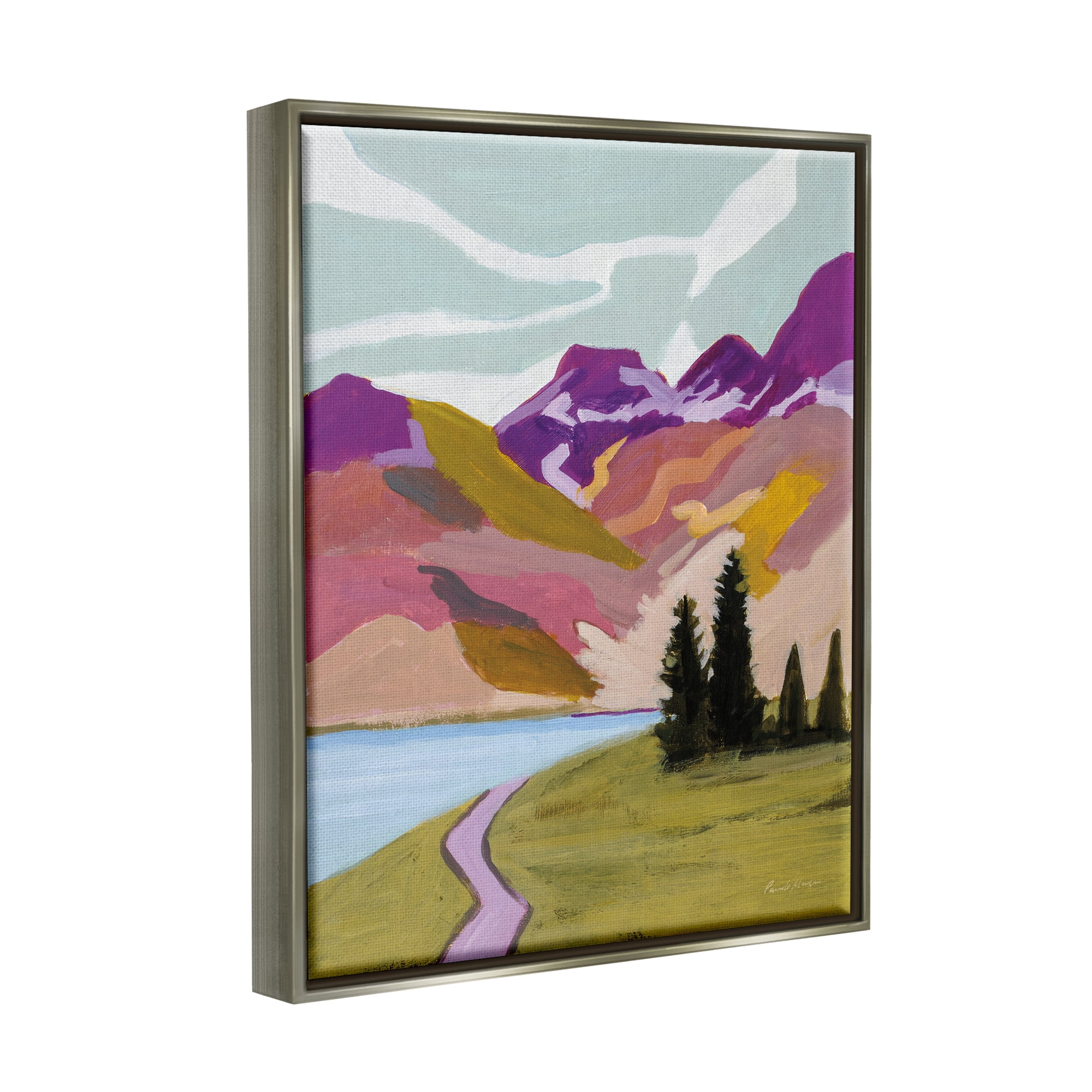 Stupell Industries Modern Mountains Landscape Landscape Painting Gray Floater Framed Canvas Art Print Wall Art, 25 x 31