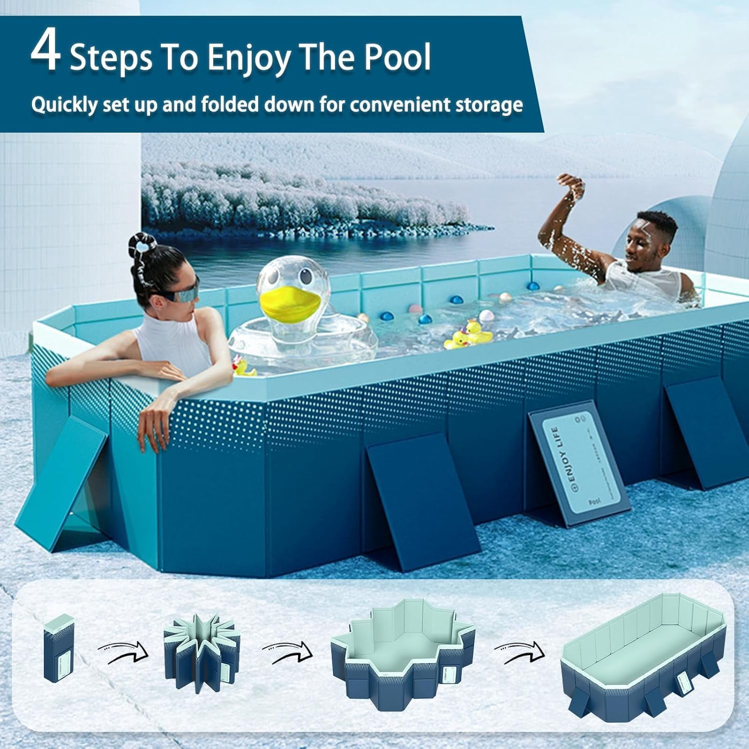 103in Foldable Swimming Pool, Large Non-Inflatable Adults Kids Pool for Outdoor Backyard, Blue
