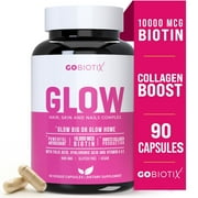 GoBiotix Glow Biotin 10000mcg, Collagen Boost Hair, Skin & Nails Multivitamin with Hyaluronic Acid, 90 Caps